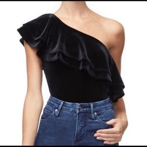 Good American Ruffle One Shoulder Velvet Bodysuit, Size 0